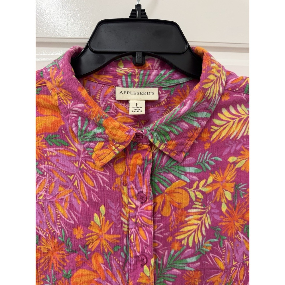 Appleseeds Pink Floral Print Button Front Long Sleeve Top Women Tropical Large